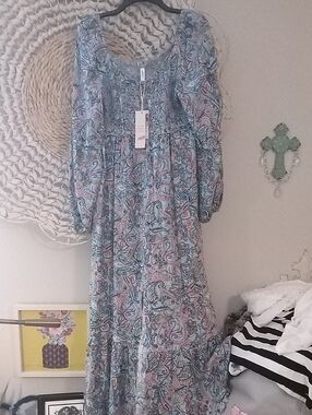 Dokotoo Smocked Paisley Maxi Dress in Teal Blue and Pink